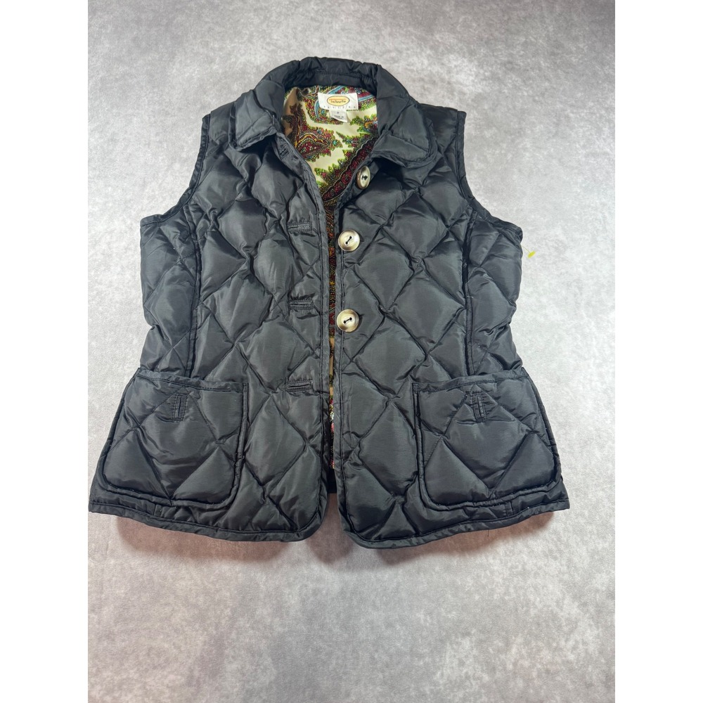 Talbots Petites Down Puffer Vest Black Quilted Paisley Lining